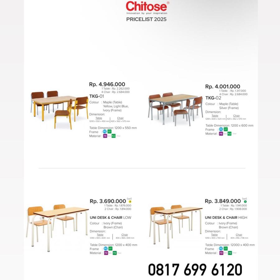 Kursi Kantor Chitose TKG-01 TKG-02 UNI DESK & CHAIR LOW UNI DESK & CHAIR HIGH