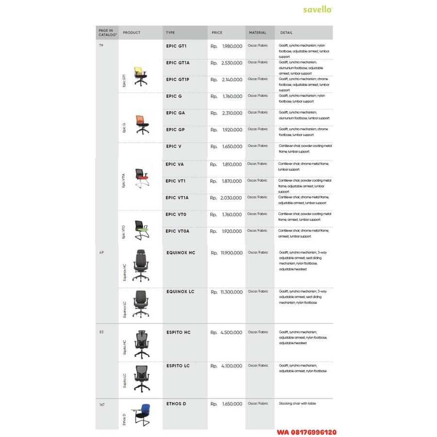 Kursi Kantor Savello EPIC GT1 GT1A GT1P G GA GP V VA VT1 VT1A VTO VTOA, EQUINOX HC LC, ESPITO HC LC, ETHOS D