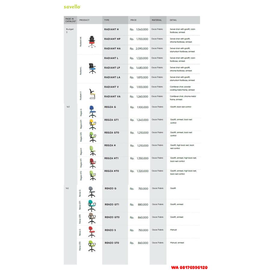 Kursi Kantor Savello RADIANT H HP HA L LP LA V VA, REGZA G GT1 GTO H HT1 HTO, RENZO G GT1 GTO S STO