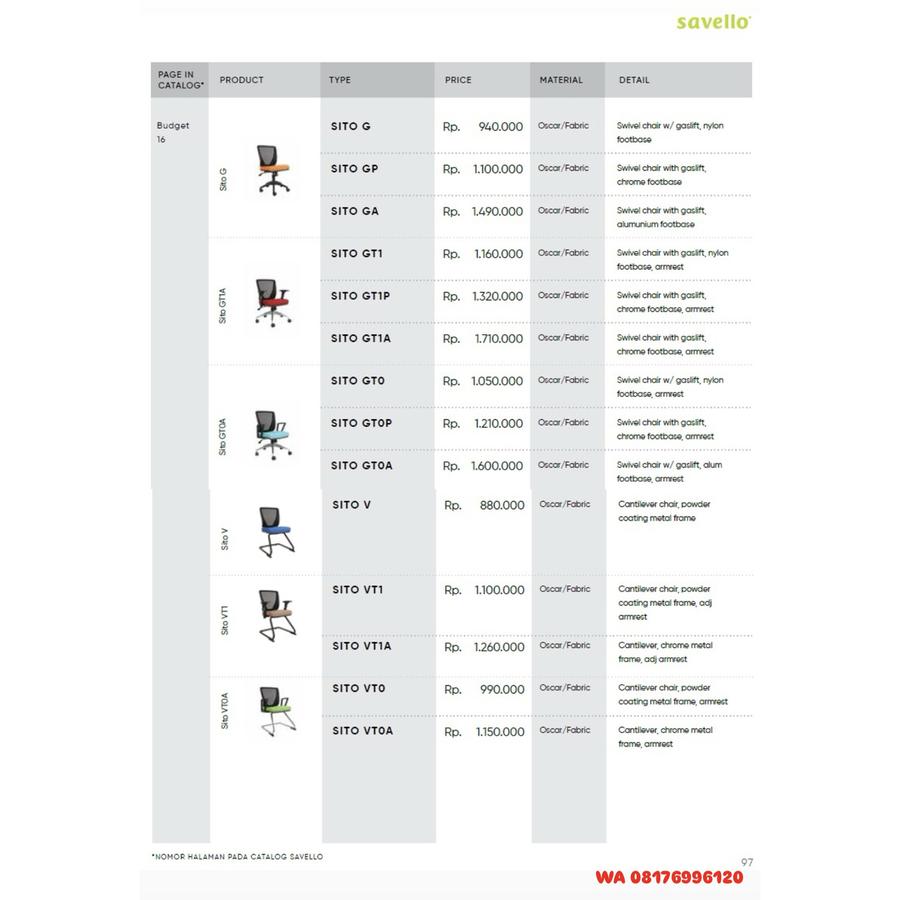 Kursi Kantor Savello SITO G GP GA GT1 GT1P GT1A GTO GTOP GTOA V VT1 VT1A VTO VTOA